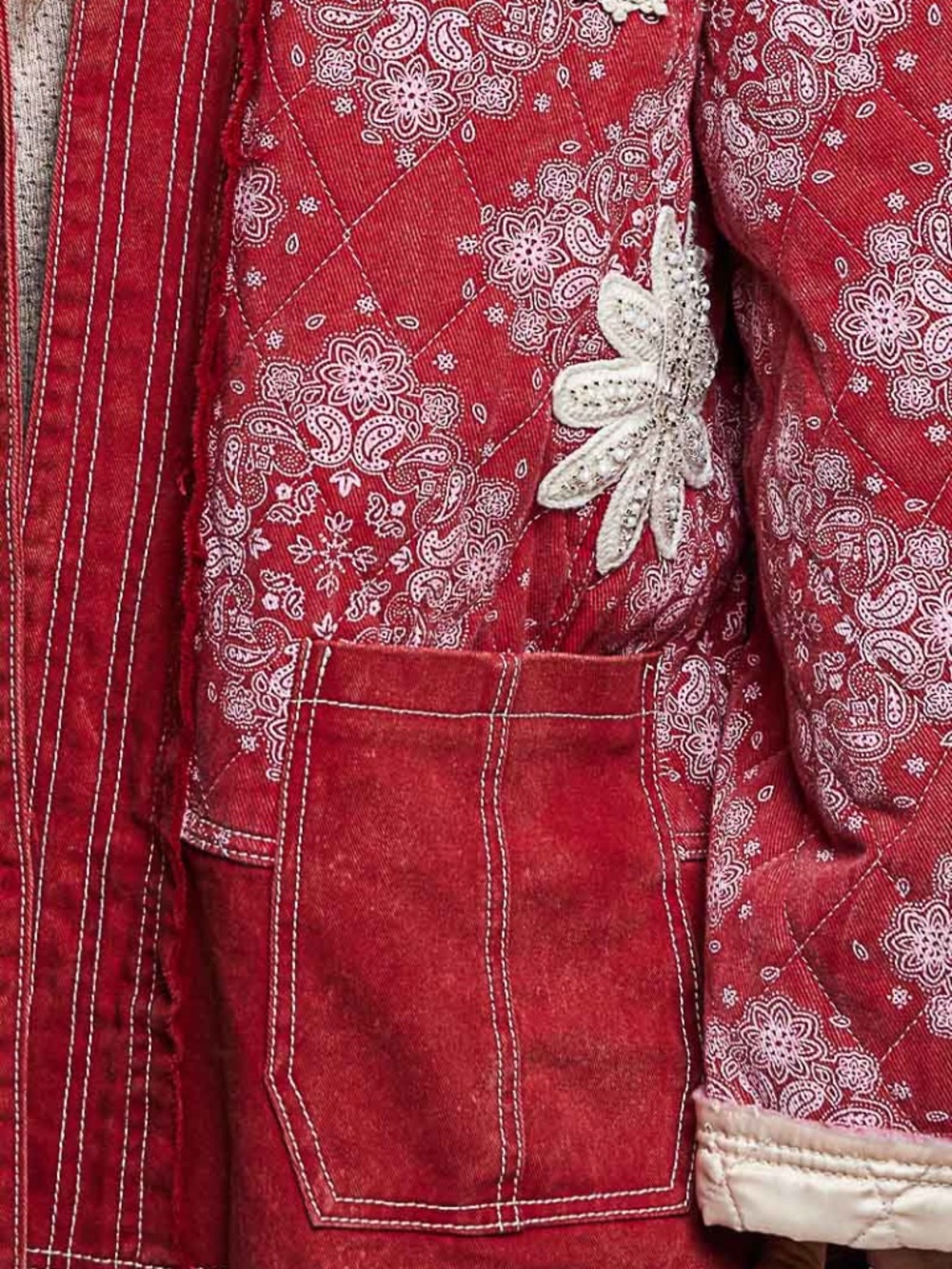 POL Red Paisley Print Reverse Stitch Floral Embroidered Open Front Jacket - Picture 7 of 8